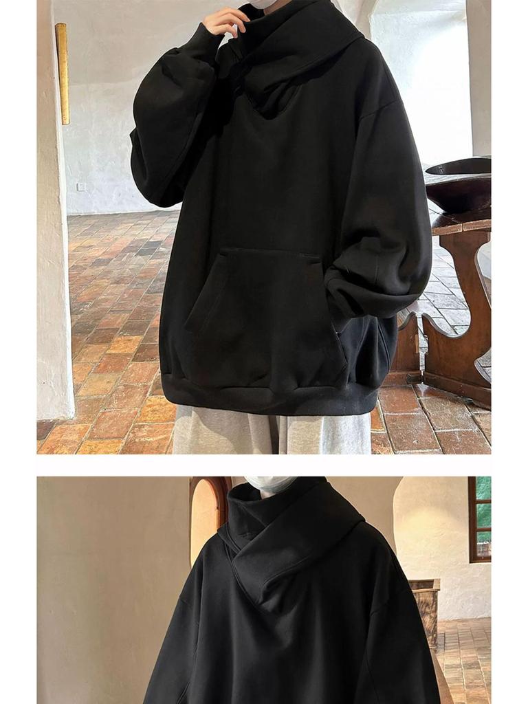 Męska bluza z kapturem oversize z wysokim kołnierzem w stylu czarownika - Jesienno-zimowa kurtka funkcyjna dla osób z fobią społeczną