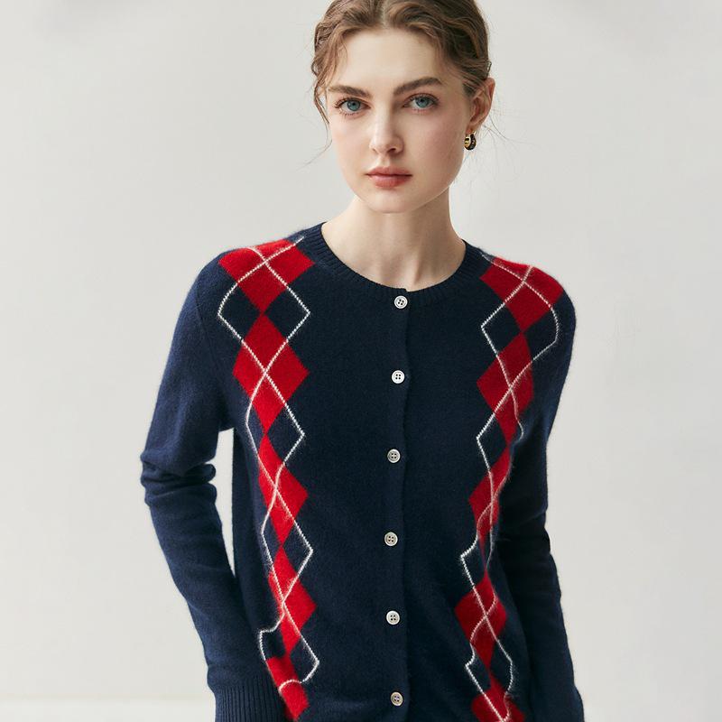 2026 Autumn/Winter Women's Cashmere Cardigan: Round Neck, Diamond Pattern, Contrast Color Knit Wool Sweater Coat