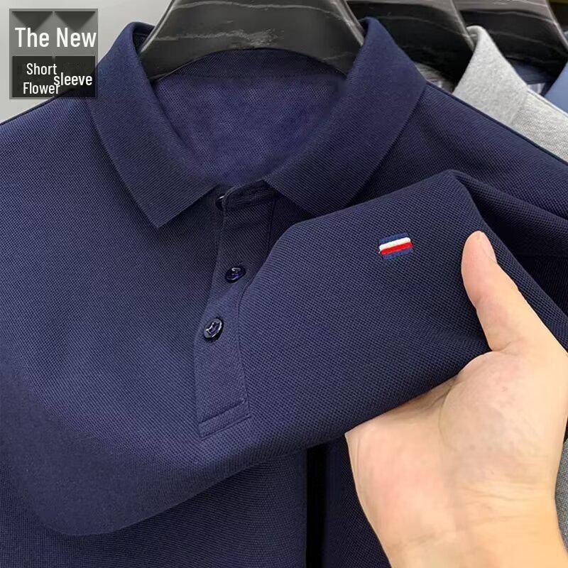 

Лето 2024 г. Мужская рубашка-поло с вышитым цветочным узором — короткий рукав, однотонная, дышащая повседневная футболка 2XL темно-синий