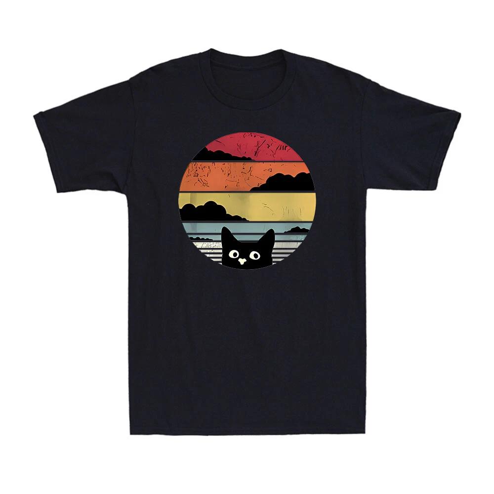 Black Cat Sunset Printed Cat Lovers Novelty Vintage Gift Men s Cotton T-Shirt S