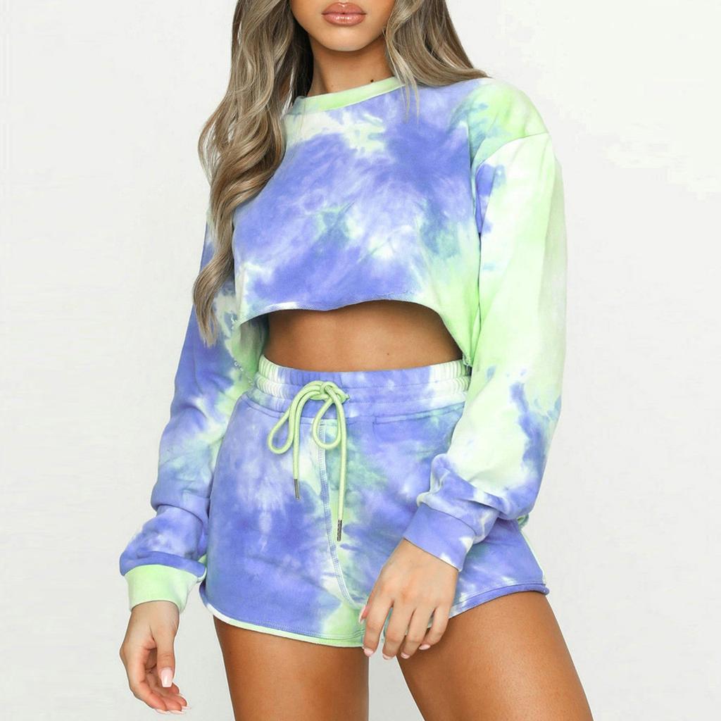 Women 2PC Casual Tie-Dye Sweatshirt Set Long Sleeve Top Drawstring Pants Sets