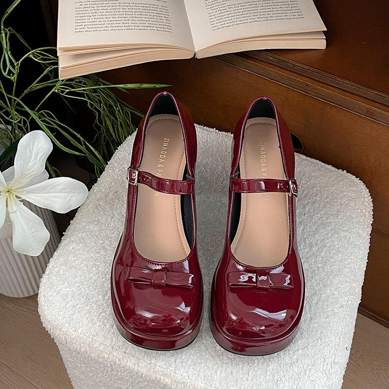 

Красные ретро туфли на толстом высоком каблуке в британском стиле, женские, 2025, новая весенняя юбка, универсальные туфли Мэри Джейн 40 бордовый