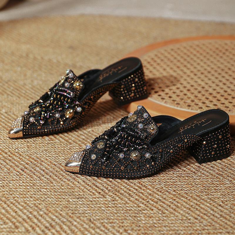 Damskie Kapcie Baotou Moda Motyl Szpiczaste Damskie Kapcie Siatkowe Baotou Ręcznie robione Cyrkonie Damskie Półkapcie Sandalias