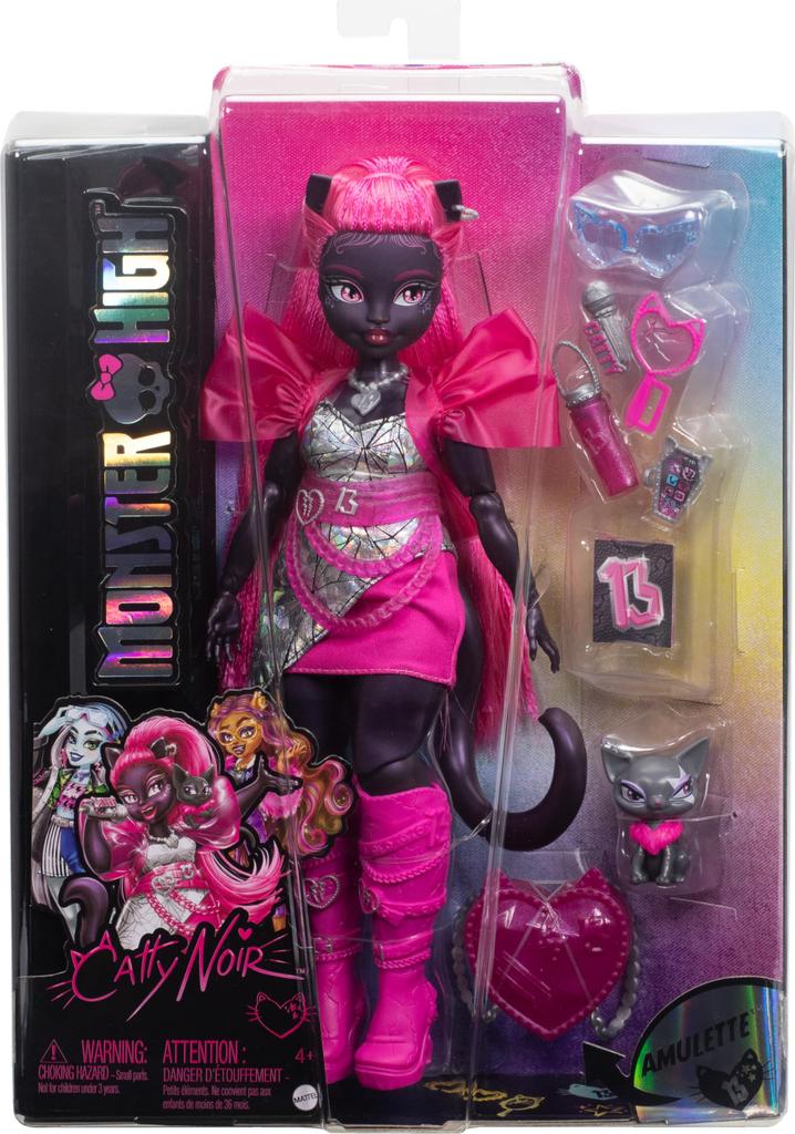 Monster High Catty Noir Doll with Pet Cat Charm and Accessories Including Backpack, Music Book, and Microphone