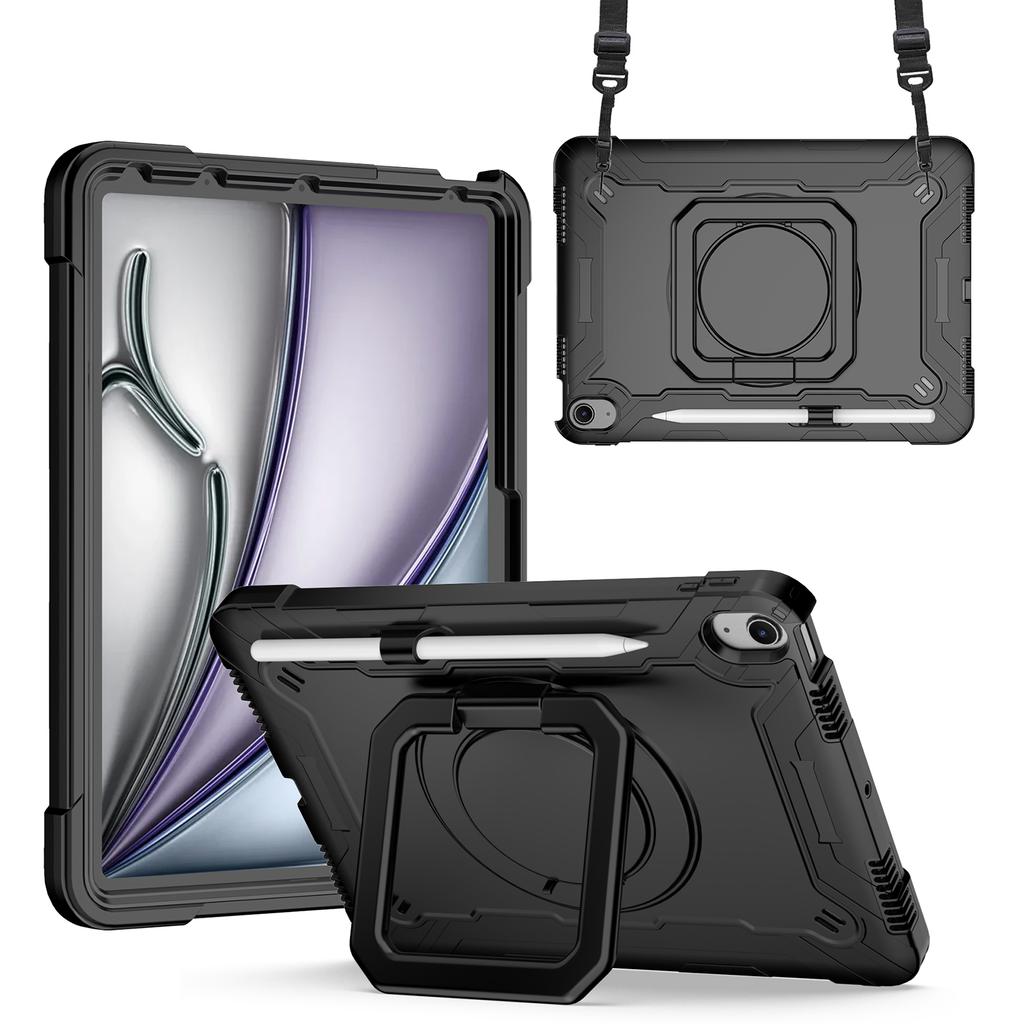 For iPad Air 11 (2025)/(2024) Case with Shoulder Strap PC+Silicone Hand Grip Kickstand Tablet Cover