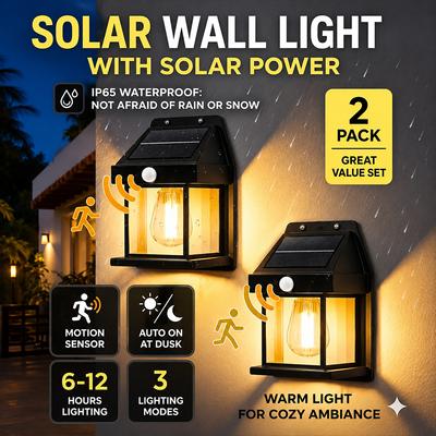 Solar Wall Light with Tungsten Filament – IP65 Waterproof Outdoor Lamp with Motion Sensor and 3 Modes for Garden Courtyard Fence Lighting