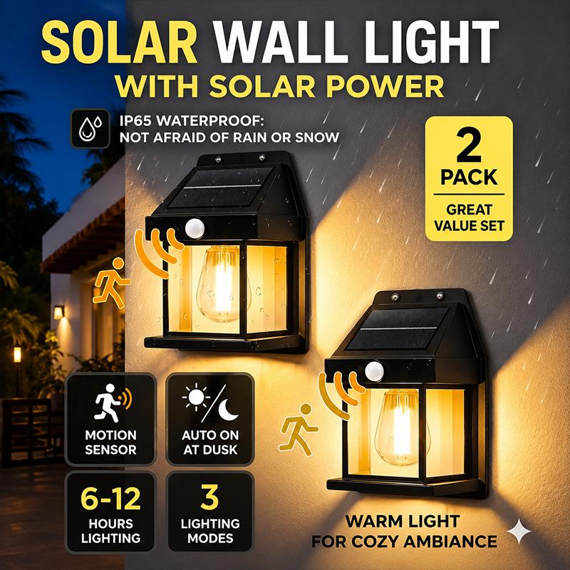 Solar Wall Light with Tungsten Filament – IP65 Waterproof Outdoor Lamp with Motion Sensor and 3 Modes for Garden Courtyard Fence Lighting
