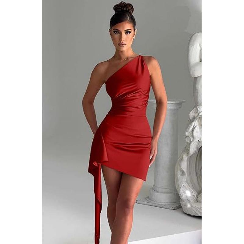Europäisches und amerikanisches einseitiges plissiertes sexy Satin-Kleid mit geschlitzten Ärmeln, europäischer und amerikanischer Sommer-Temperament, figurbetont
