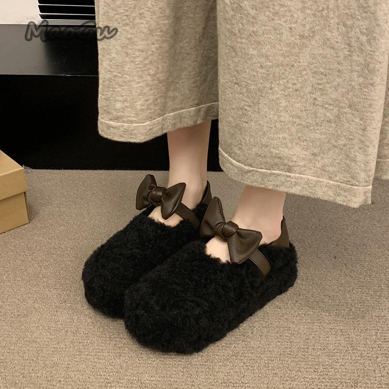 Halkfri Sula Dammode Rosette Fluffiga Tofflor Koreansk Stil Mjuk Sula Plysch Slip-On Utomhus Inomhus Bekväma Loafers Storlek 35-40