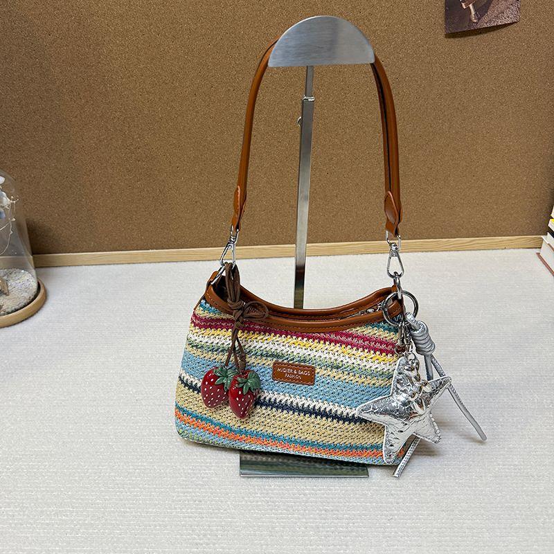 

Summer Rainbow Stripes Straw Woven Bag Women s 2025 New Arrival Shoulder Handbag Beach Vacation Weaving Crossbody Bag Small size with strawberry pendant