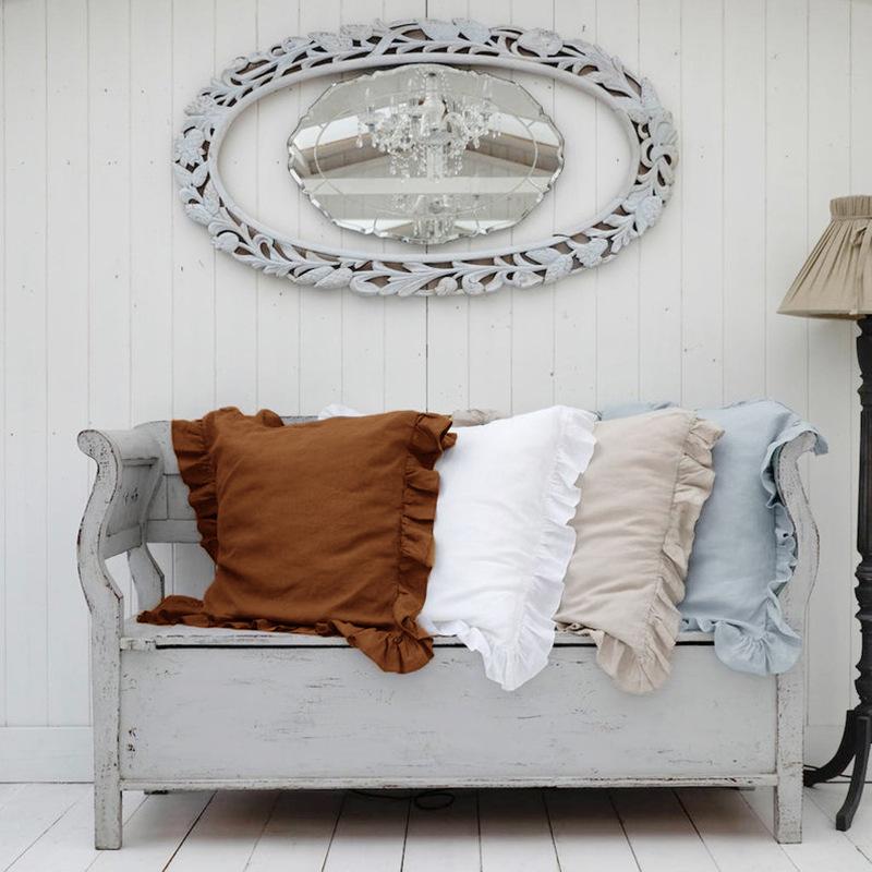 Taies d'oreiller à volants 100% lin, Housse de coussin douce et confortable, Oreillers de canapé Décoration de maison Ornement de canapé de salon