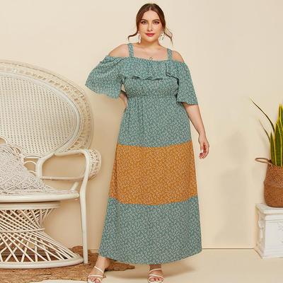 Grande taille femmes printemps été fronde à volants couleur contrastée robe longue à fleurs ample XL-4XL