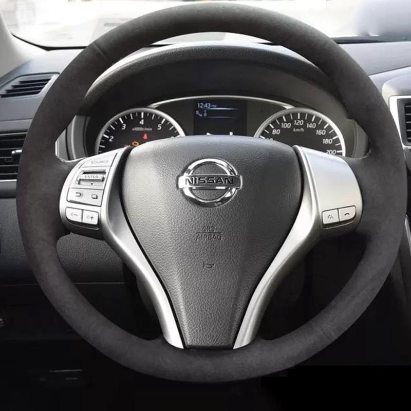 

For Nissan Teana Altima X-Trail Qashqai Tiida Pulsar Navara 2016- Black Suede Hand-stitched Car Steering Wheel Cover Gray Thread