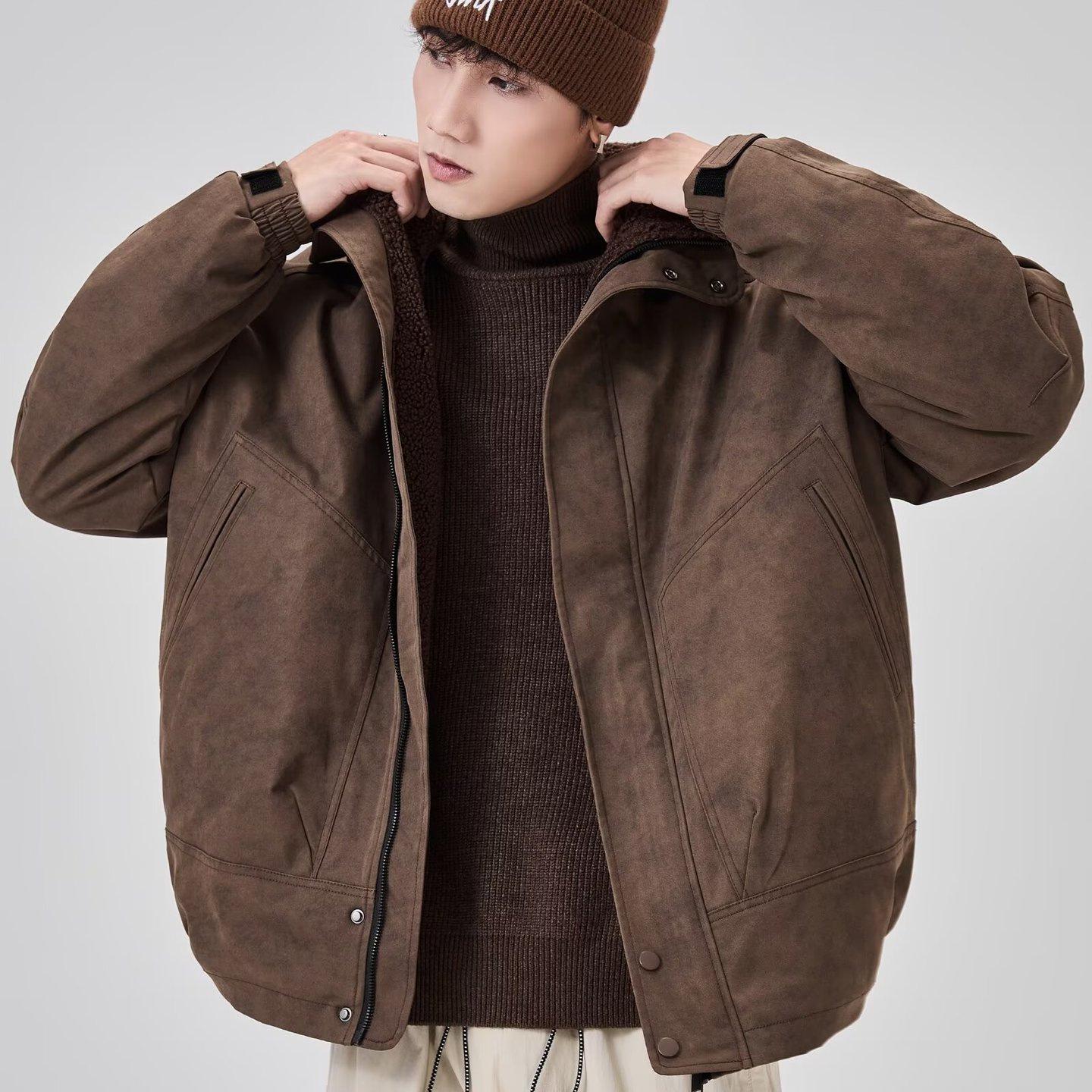 

Men s Casual Warm Lambswool Cotton Jacket - Winter Plus Velvet Thick Stand Collar Coat M кавовий