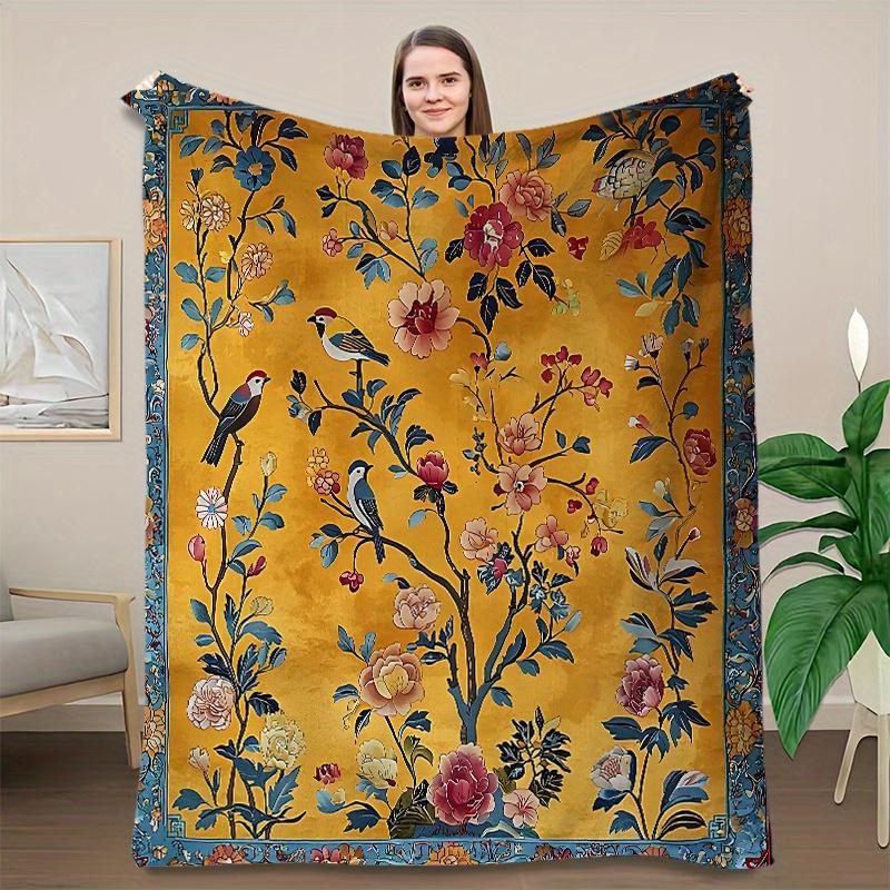1pc Vintage Style Floral and Bird Blanket, Cozy Home Decor for Holiday Season, Ideal Gift for Christmas, New Year and Family