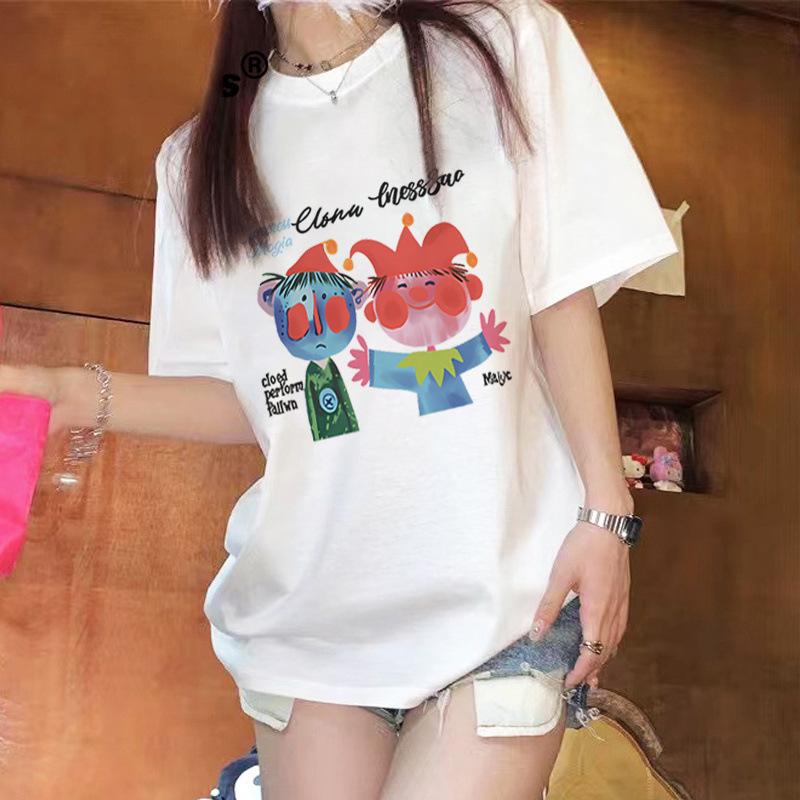 

2025 нишевый дизайн граффити стиль чистый хлопок футболка с коротким рукавом женская милая и соленая корейская футболка с рукавом до локтя прилив M белый