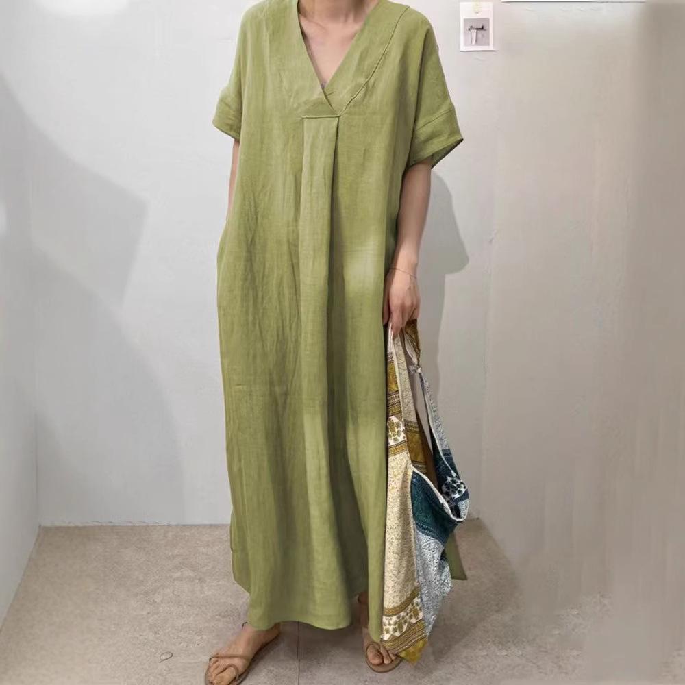 V-Neck Linen Blend Dress-Casual Short Sleeve Solid Color Retro Maxi Dress, Relaxed Fit Breathable Women's Sundress with Pocket, Boho Outfit