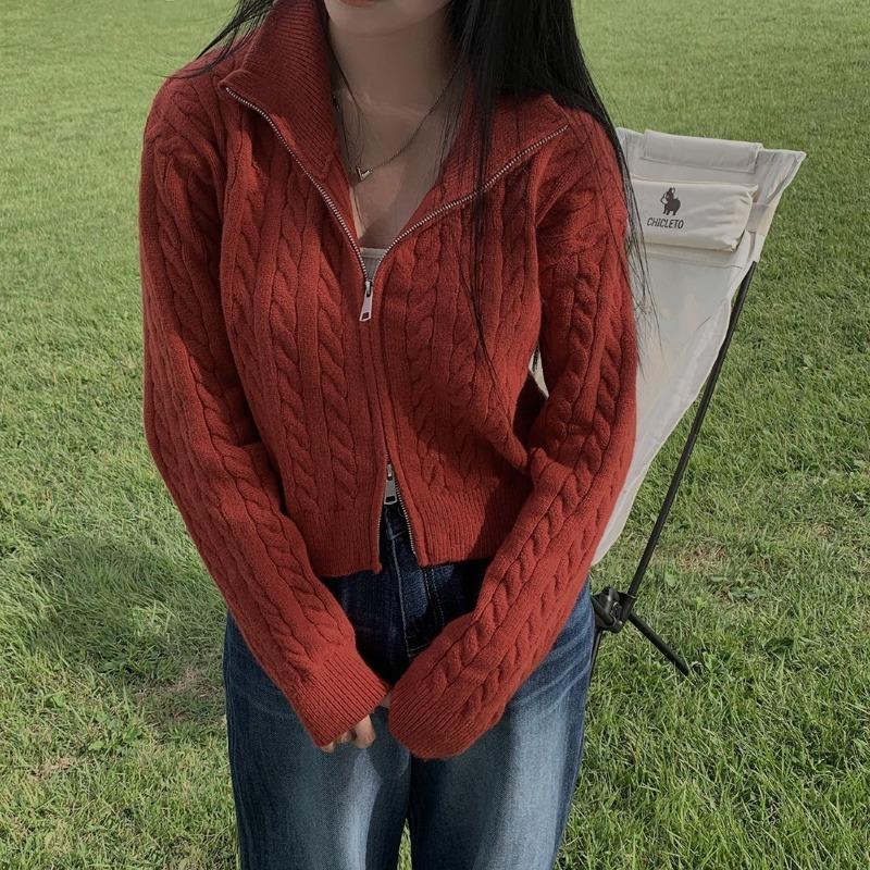 

Осень и зима новый кардиган женский вязаный повседневный с лацканами и двойной молнией, в стиле ретро с косами, свободный, ленивый свитер-жакет One Size красный