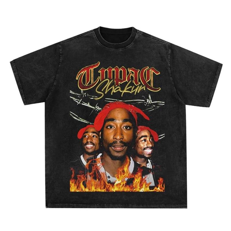 

Vintage American Style Washed Harajuku Streetwear Hip Hop Rapper Portrait Print T-Shirt Men Harajuku Casual Oversized Cotton Tee