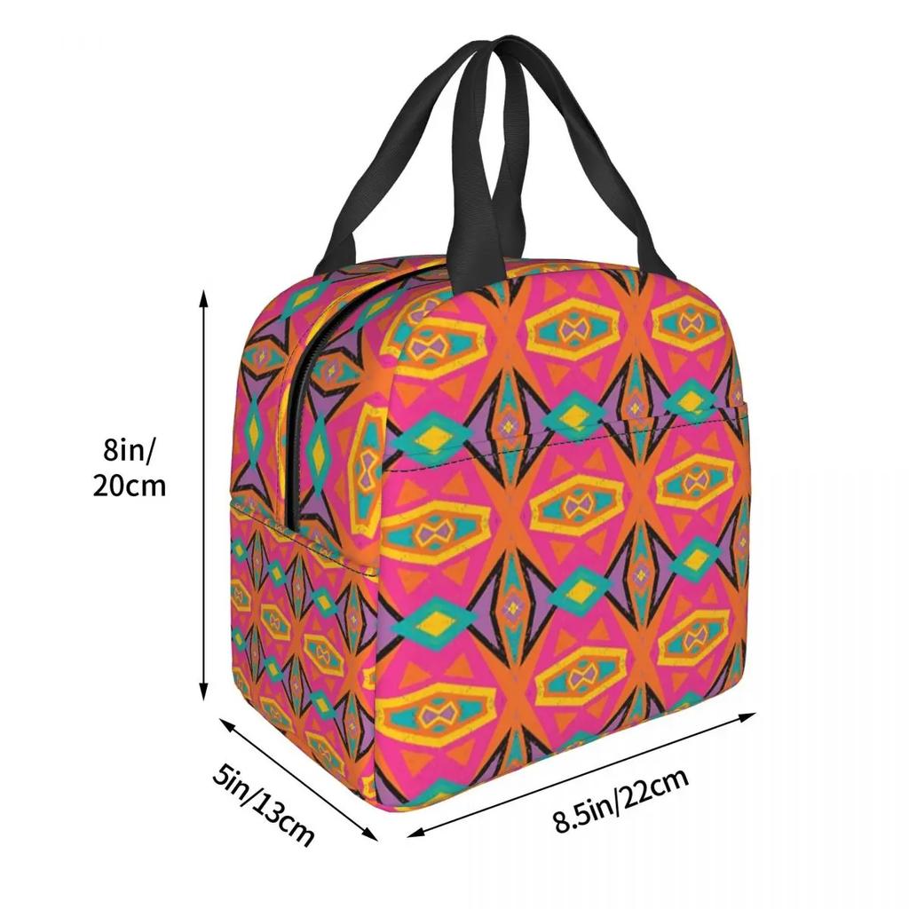 African Tribal Ankara Fabric Style Pink Thermal Insulated Lunch Bags Women Geometric Ethnic Art Portable Lunch Tote Food Box