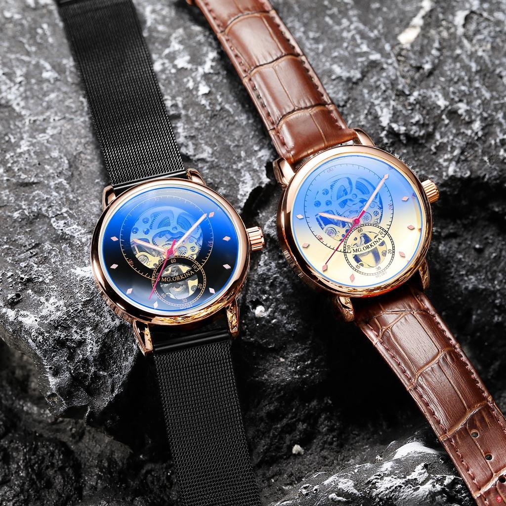 Rose Gold Case Openwork Skeleton Clock Men Sport Waterproof Automatic Mechanical Watches Stainless Steel Mesh Band