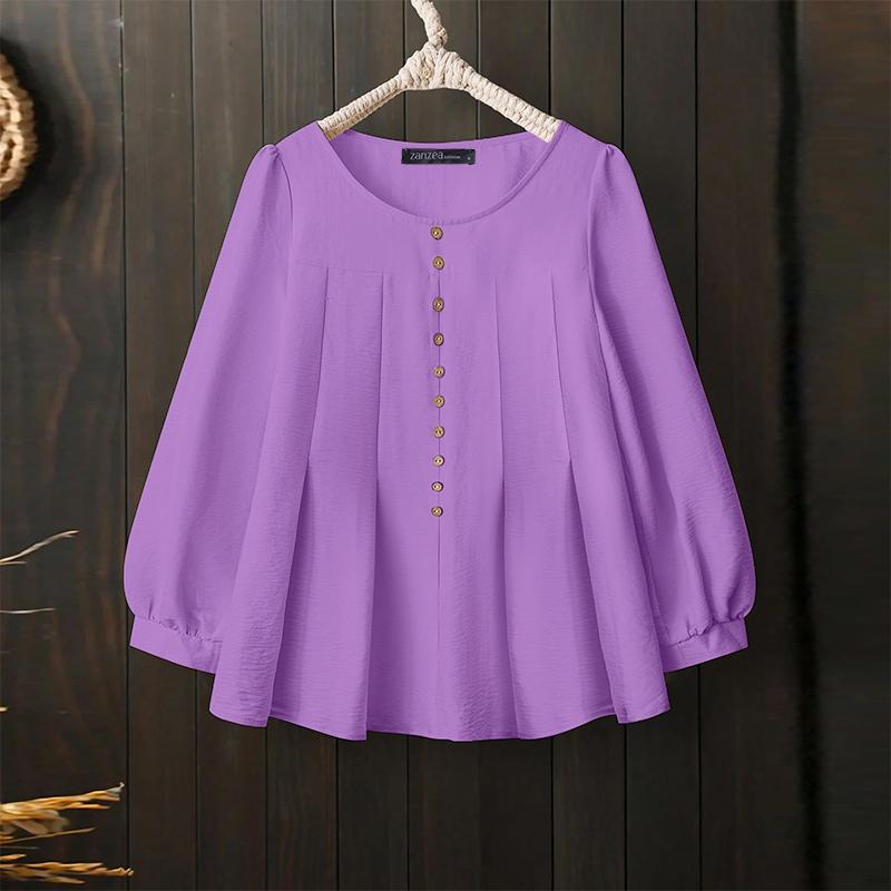 

ZANZEA Жіноча повсякденна блузка з круглим вирізом, однотонна, вільного крою, з довгим рукавом 3XL фіолетовий