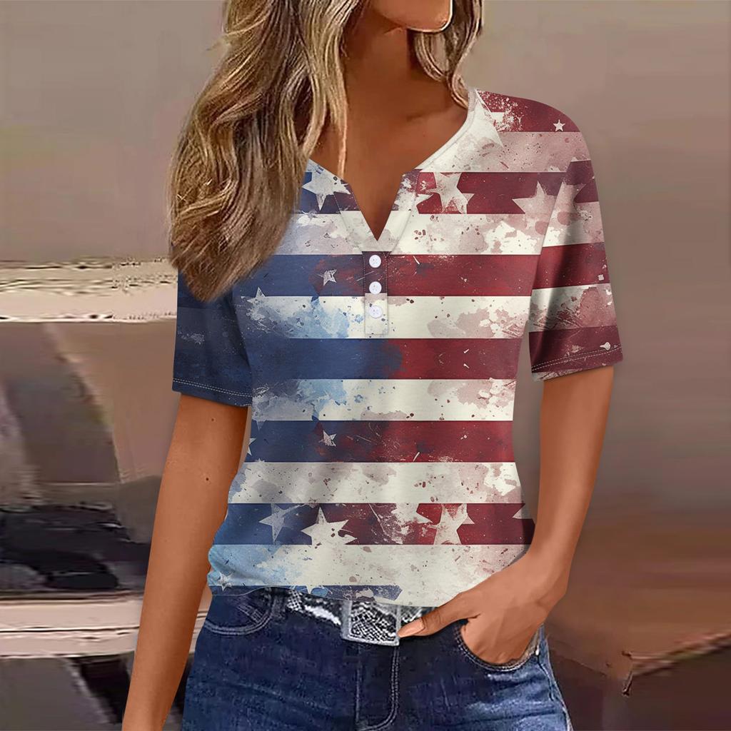 Women's T Shirt Tee Print Button Short Sleeve Daily Weekend Fashion Basic V- Neck Regular Top