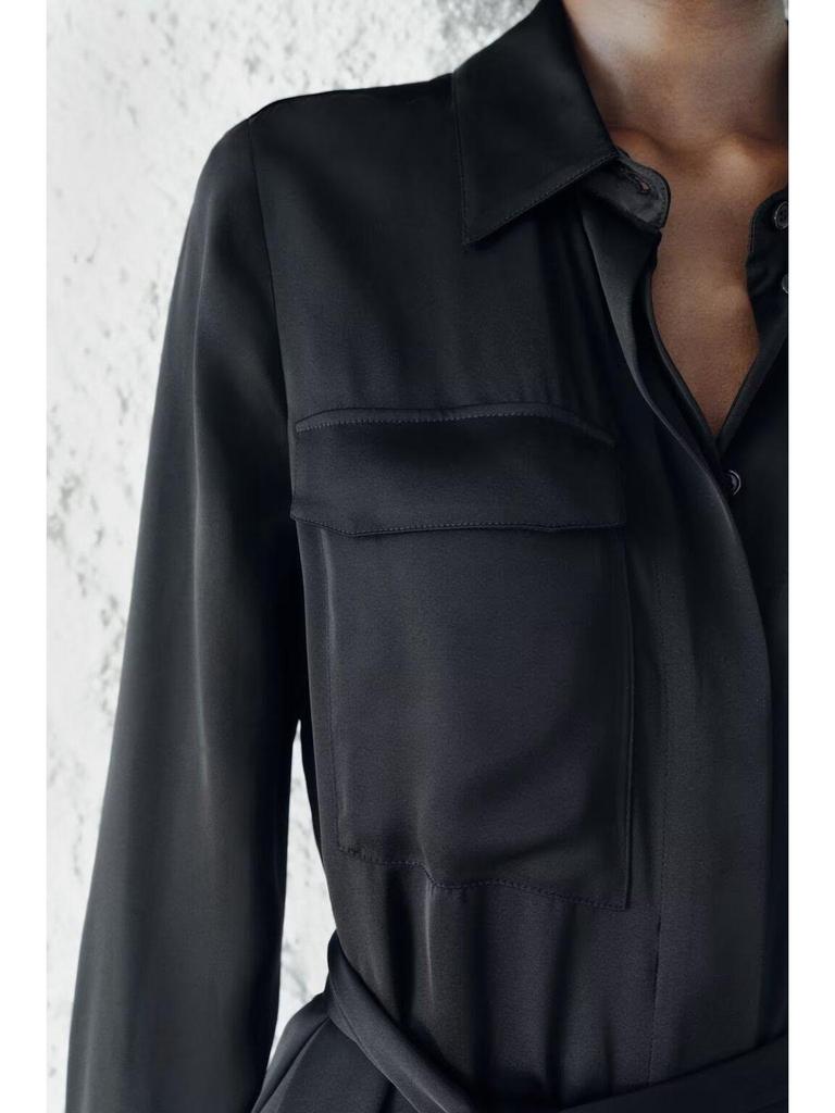 2025 Women's European & American Temperament Long Sleeve Shirt Dress with Pocket Detail