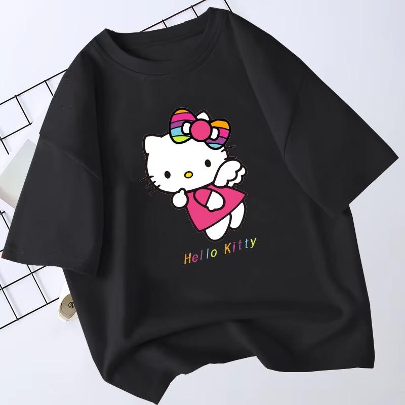 2026 Summer HelloKitty Cartoon Graphic Tee Casual Short Sleeve Cotton Tops for Adults Kids Lovely Kawaii Streetwear Style