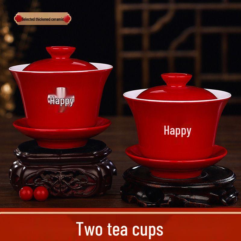 Red Wedding Tea Set: Complete Cups, Lid, Bowl & Chopsticks Set for a Joyous Occasion