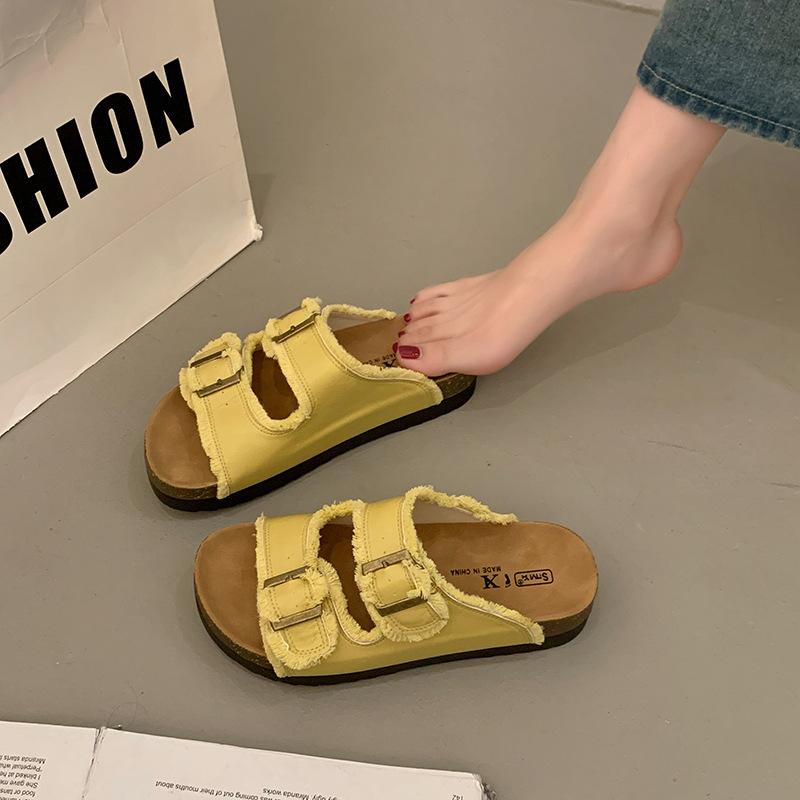 Cowhide Version Thick-soled One-word Boken Slippers for Women To Wear 2025 Summer New Models, Seaside Beach Lazy Cool Slippers