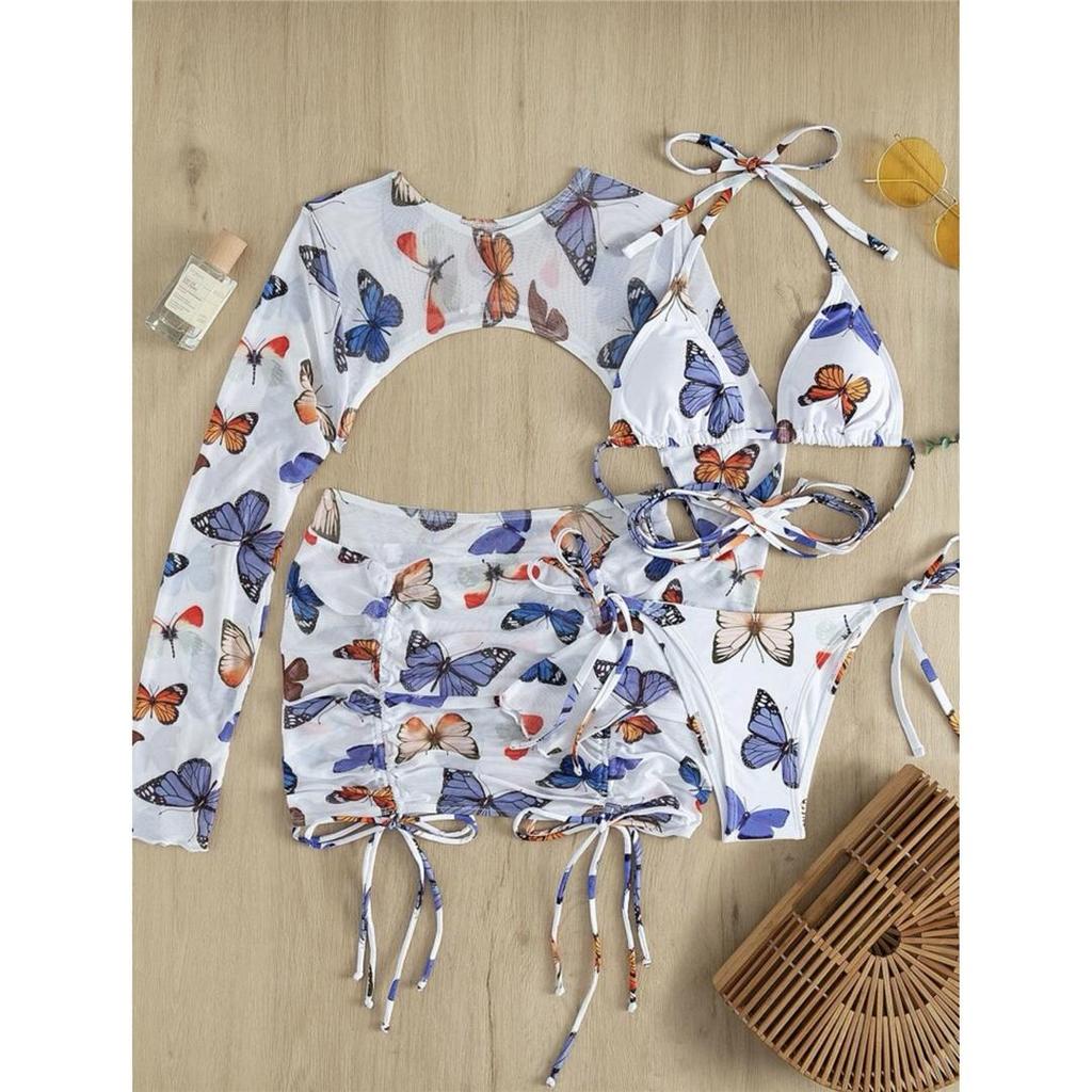 Schmetterling Gedruckt Mit Rock Bikini Frauen Bademode Weiblichen Badeanzug Vier-stück Bikini set Badende Badeanzug Schwimmen Dame