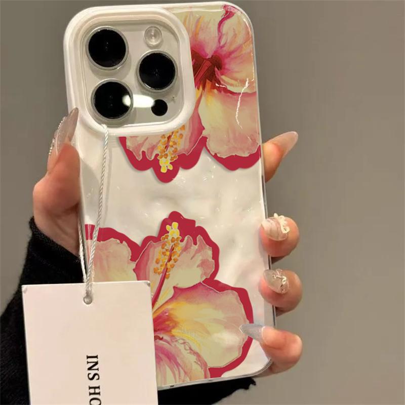 

Elegant Pink Hibiscus Flower Folds Texture Phone Case For iPhone 16 17 Pro Max Air 15 14 13 12 11 16 15 Plus Cover Soft Funda iPhone 15