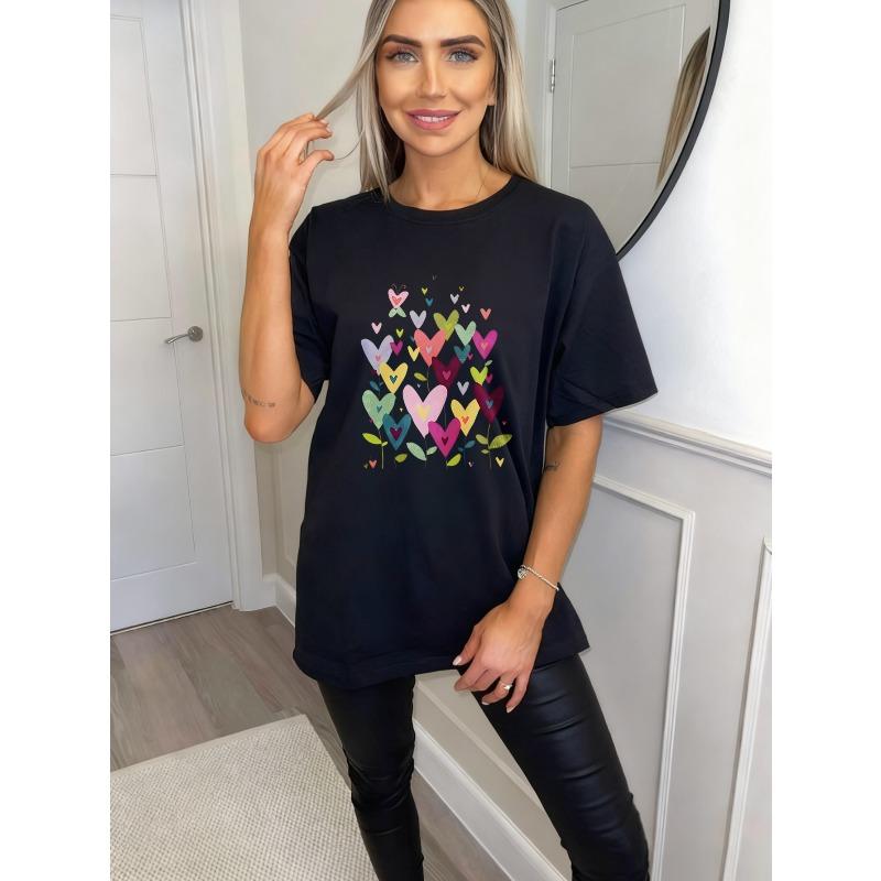 Black Oversized T Shirt With Colorful Hearts And Leaves Print For Casual Wear