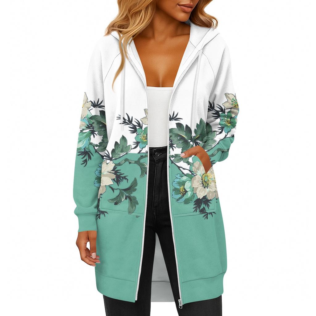 Women's Fashionable Printed  Long Sleeved Drawstring Hooded Zipper Pocket Long Casual Sweatshirt Jacket