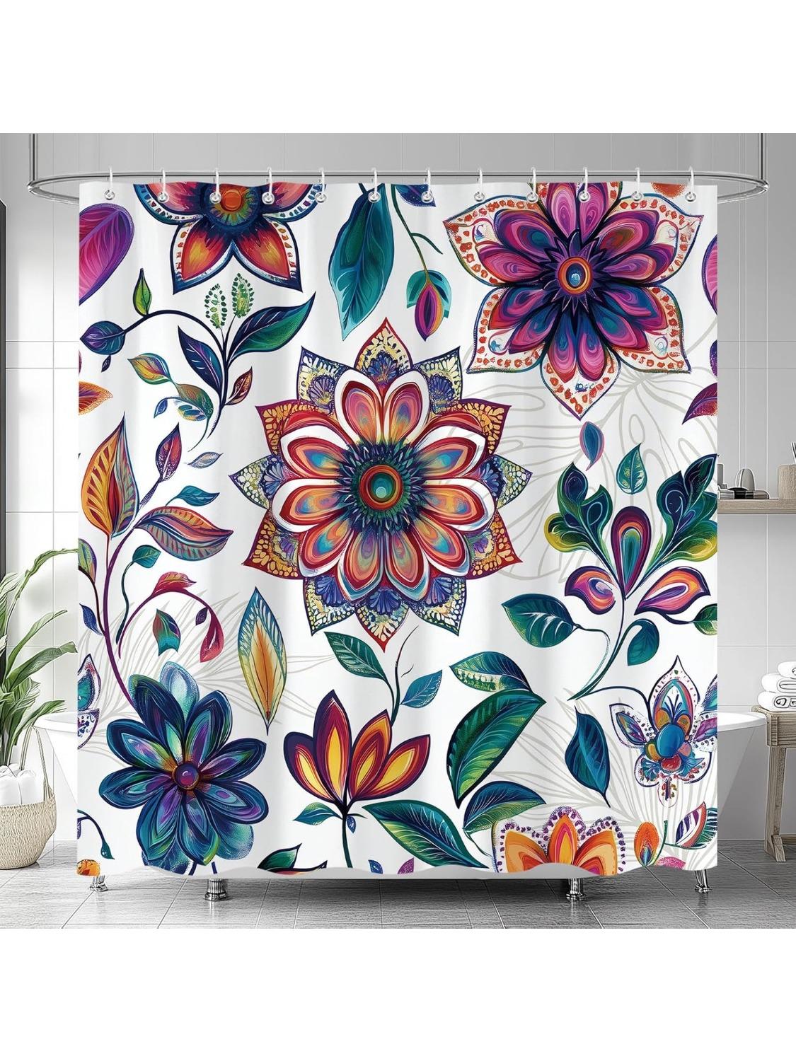 

Boho Paisley Floral Shower Curtain, Watercolor Mandala Purple And Blue Flower Pattern Design Bath Curtains For Bathroom W60H190(CM)-1 Pcs