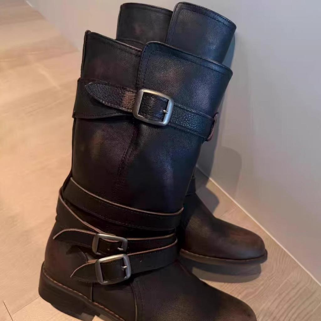 2025 new Korean version two-wear flanged leather western cowboy boots women's thick heel colored belt buckle medium tube knight boots