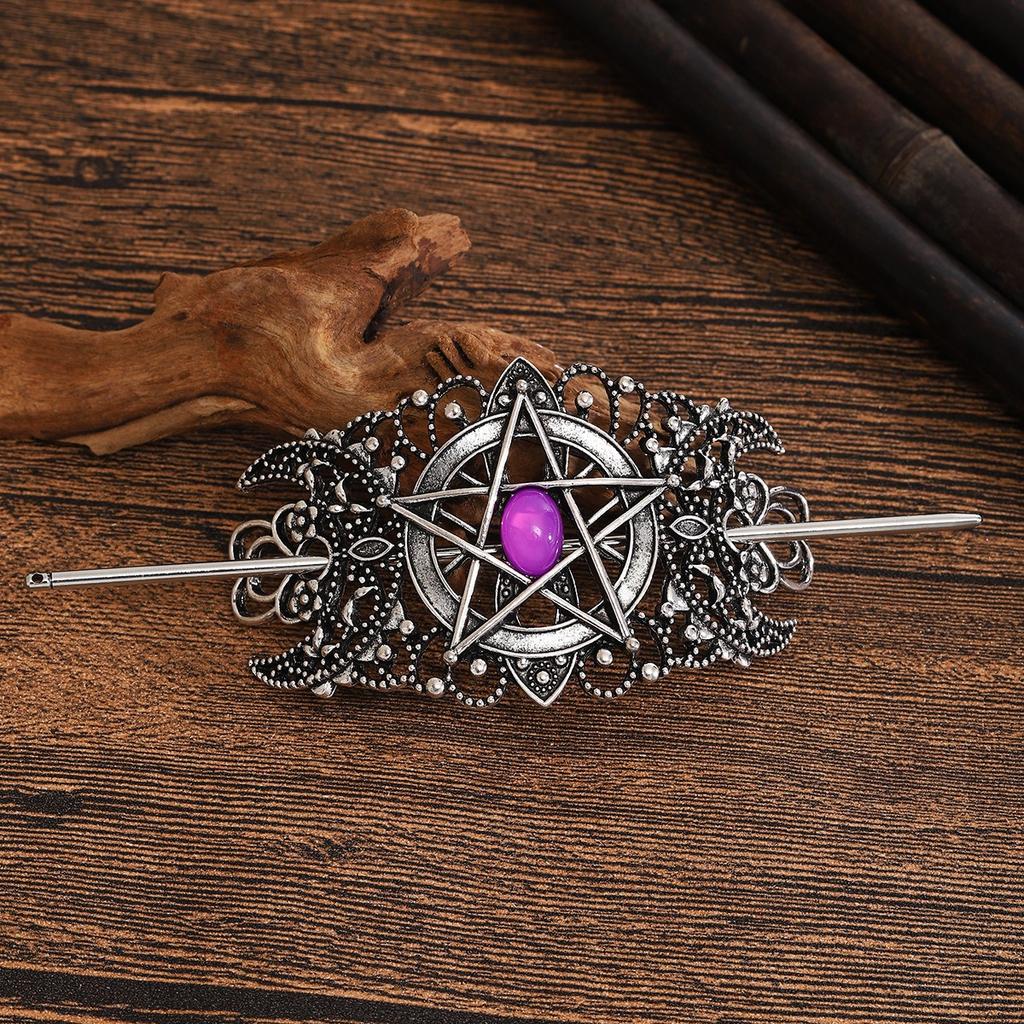 Gothic Style Pentagram Gemstone Hairpin Vintage Silver Decoration Hollowed Out Pattern Hairpin Dark Themed Boutique Headwear