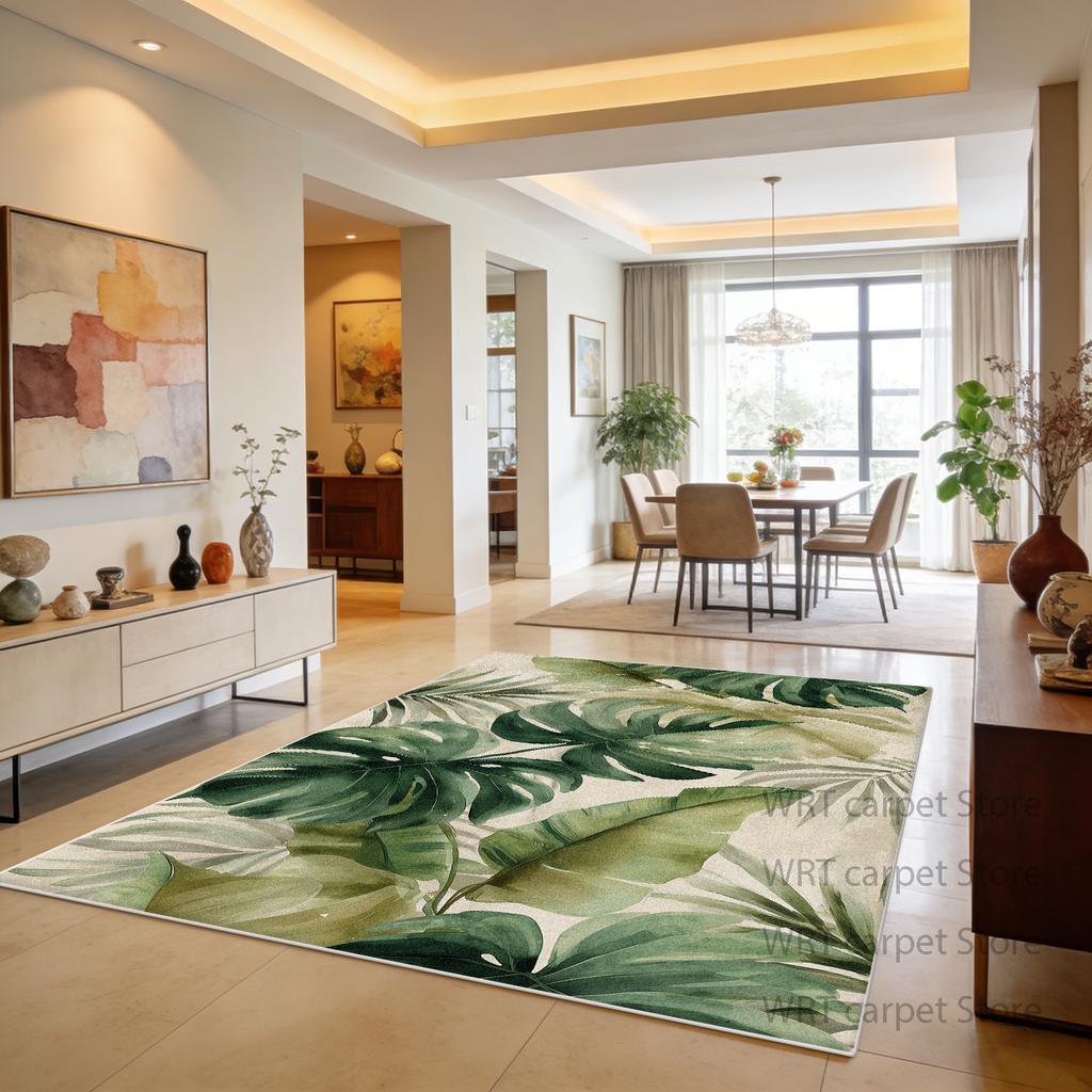 Tropical Plant Living Room Dining Room Area Rugs Green Decoration Machine Washable Rug Patio Foldable Antiskid Floor Mat Fluffy