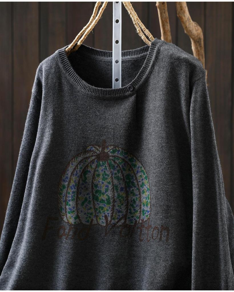 2026 Autumn Women's Pumpkin Print Knit Sweater: Age-Reducing Versatile Round Neck, Long Sleeve Top