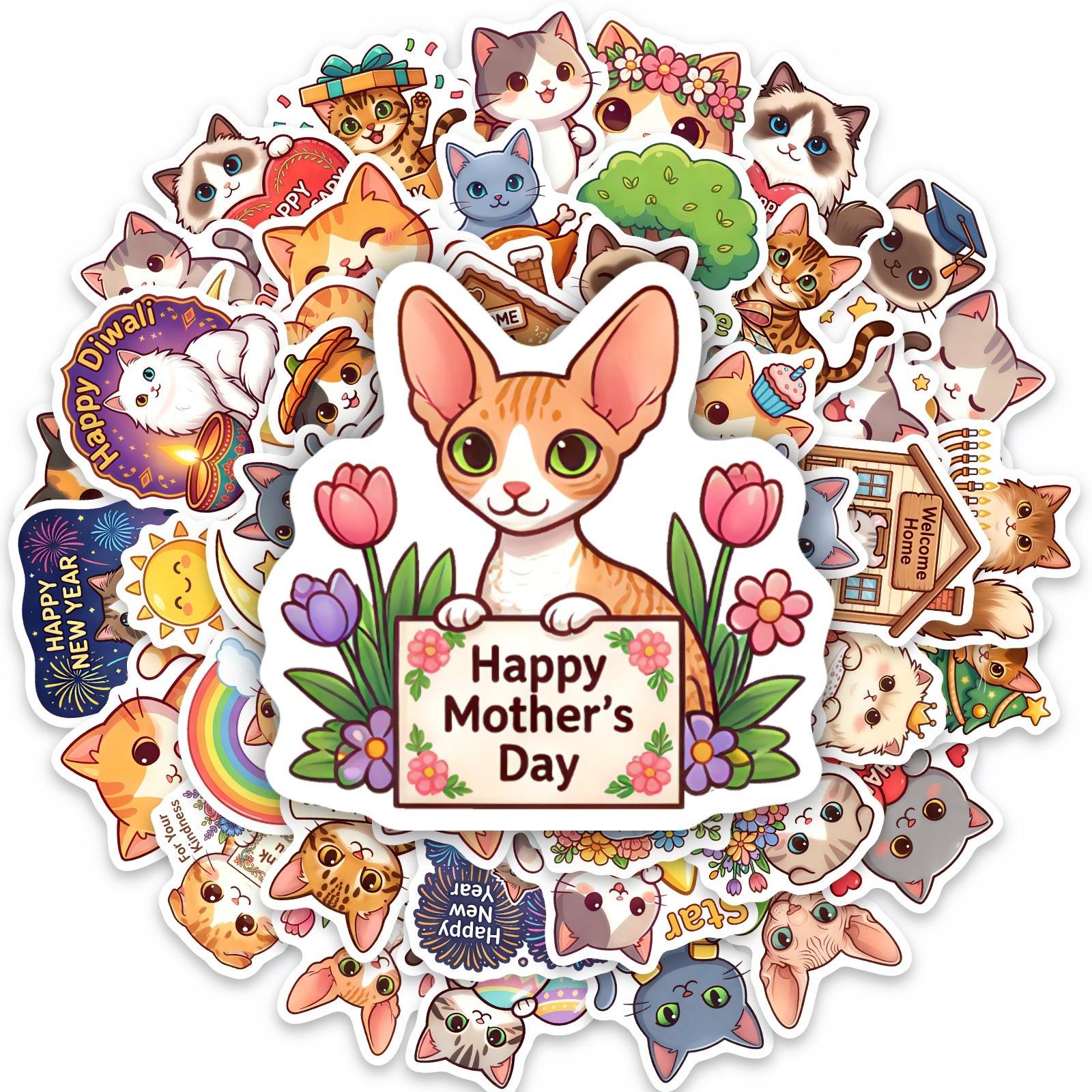 50 Cute Cat-Themed Stickers Waterproof And Non-Repeating Holiday Wishes Stickers Decorative Stickers