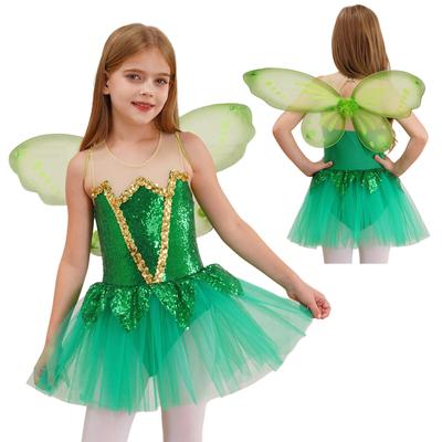 Girls Halloween Elf Cosplay Costume Sleeveless Shiny Sequins Tutu Dress Bodysuit Butterfly Wings