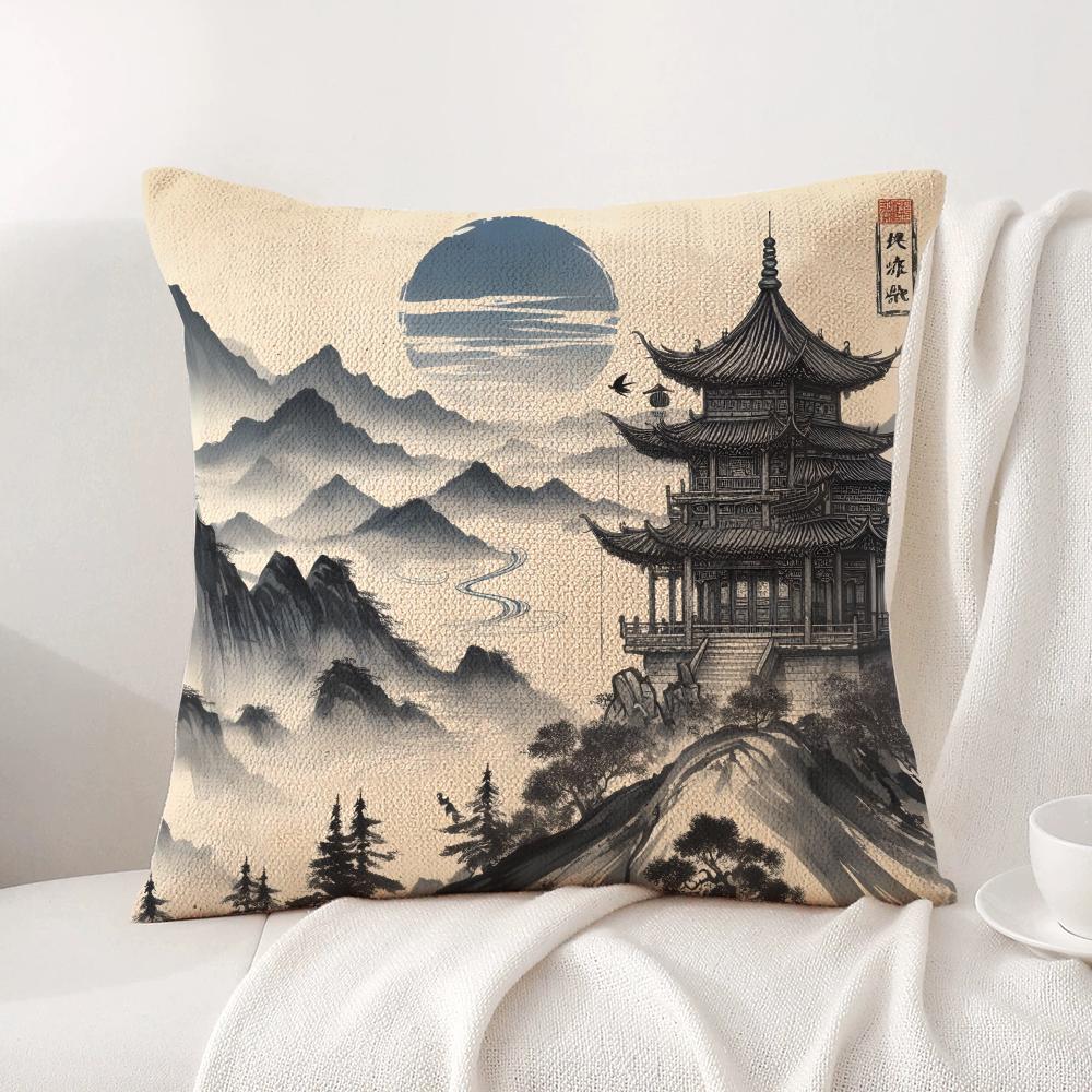 Chinese Ink Painting Style Cushion Cover Natural Linen Organic Fabric DoubleSided Printing Sofa Home Decor Breathable