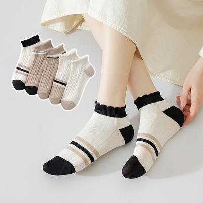 5 Pairs Pairs Women's Spring/summer Thin Boat Socks Striped Lace Breathable Sweat Wicking Short Socks