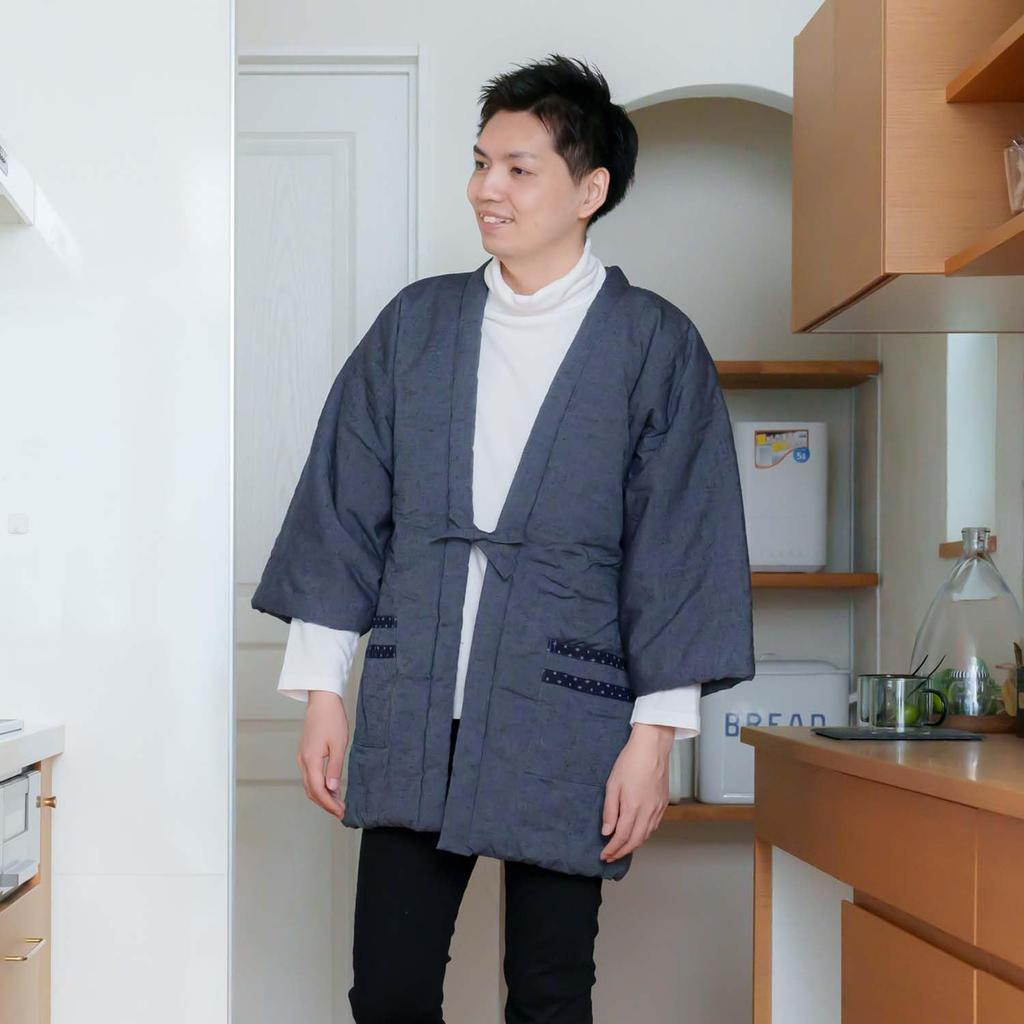 winter padded hanten warm and comfortable gray with patterned pockets one size fits [Yurakuan] Japanese-made Kurume-style men's (Japanese-style