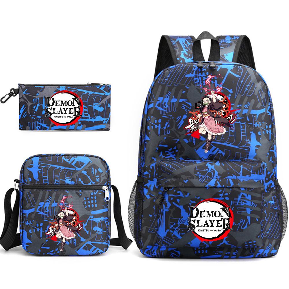 3Pcs/set Anime Printed Demon Slayer Backpack with Shoulder Bag Pencil Case for Teen Student Boy Girl Large Capacity Waterproof Bookbag Travel Bag