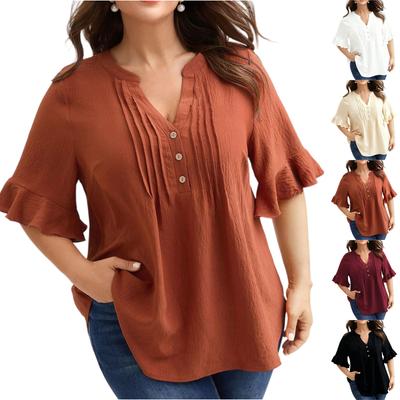 Women's Plus Size V,neck Ruffle Pleated Button Loose Short Sleeve Top