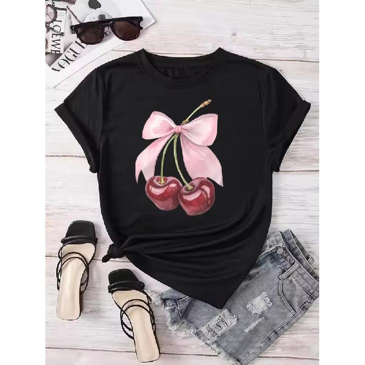 Fashion Cherry Print Women T-Shirt Short Sleeve Crew Neck Casual Tops for Summer Spring Women's Clothing Tops Tees