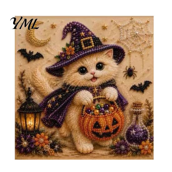 DIY Decorative Wall Hanging Halloween Cat Faux Pearl Painting Art Kit, Spooky 3D Beads Crafting Kits for Beginners Crafts, Cute Witch Gem Adults,