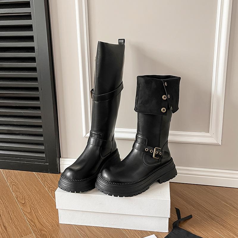 

Retro but knee-high boots, children s autumn and winter new British thick-soled heightening belt buckle two wear thin Martin boots 35 чёрный